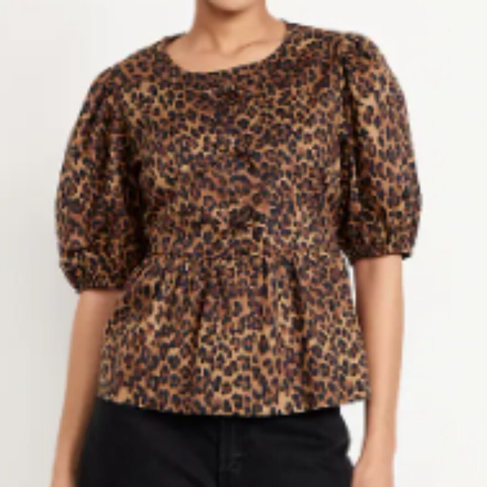 Brown Leopard Puff Sleeve Tie Front Top NWT
